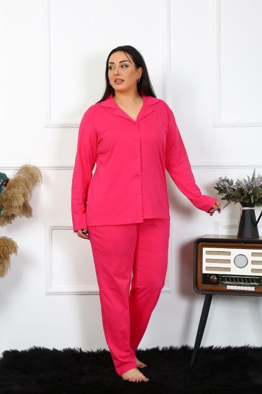 Moda Çizgi Kadın Büyük Beden Pamuklu Cepli Düğmeli Fuşya Pijama Takım 202401 - 6