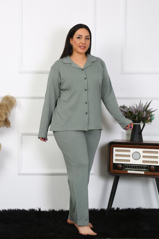 Moda Çizgi Kadın Büyük Beden Pamuklu Cepli Düğmeli Haki Pijama Takım 202401 - 1