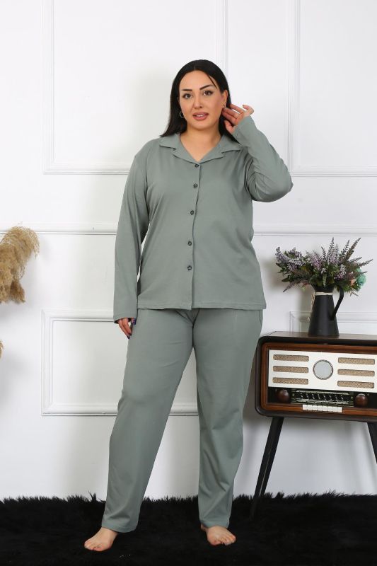 Moda Çizgi Kadın Büyük Beden Pamuklu Cepli Düğmeli Haki Pijama Takım 202401 - 2