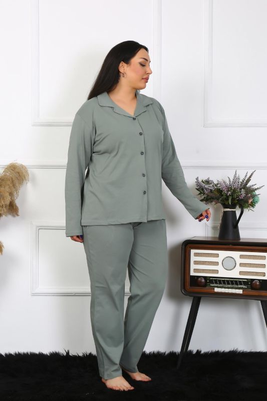 Moda Çizgi Kadın Büyük Beden Pamuklu Cepli Düğmeli Haki Pijama Takım 202401 - 3