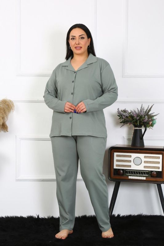 Moda Çizgi Kadın Büyük Beden Pamuklu Cepli Düğmeli Haki Pijama Takım 202401 - 4