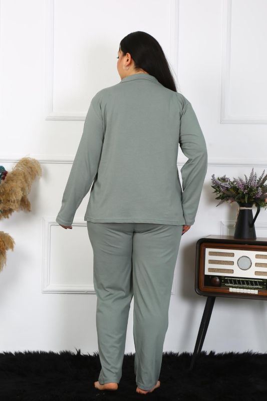 Moda Çizgi Kadın Büyük Beden Pamuklu Cepli Düğmeli Haki Pijama Takım 202401 - 5