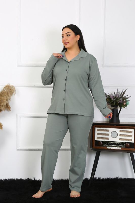 Moda Çizgi Kadın Büyük Beden Pamuklu Cepli Düğmeli Haki Pijama Takım 202401 - 6