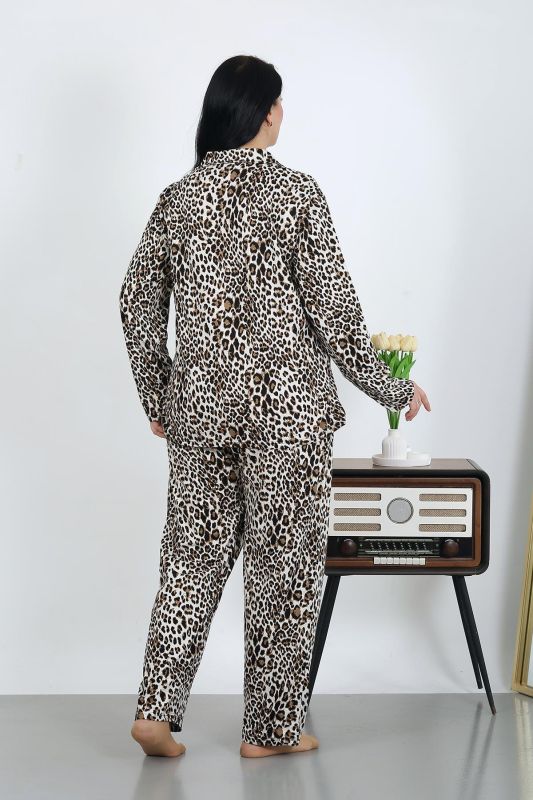 Moda Çizgi Kadın Büyük Beden Pamuklu Cepli Düğmeli Kahve Pijama Takım 202504 - 5