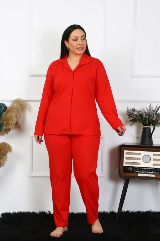 Moda Çizgi Kadın Büyük Beden Pamuklu Cepli Düğmeli Kırmızı Pijama Takım 202401 - 1