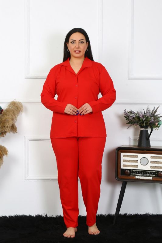 Moda Çizgi Kadın Büyük Beden Pamuklu Cepli Düğmeli Kırmızı Pijama Takım 202401 - 2