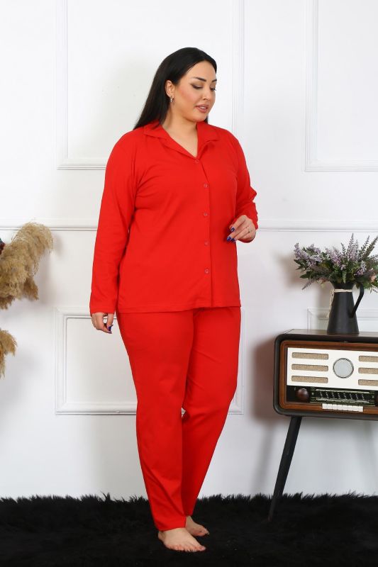 Moda Çizgi Kadın Büyük Beden Pamuklu Cepli Düğmeli Kırmızı Pijama Takım 202401 - 4