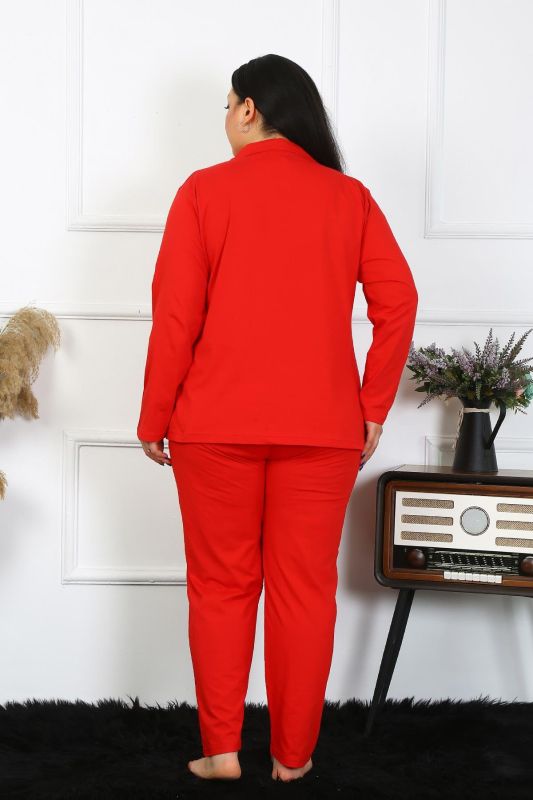 Moda Çizgi Kadın Büyük Beden Pamuklu Cepli Düğmeli Kırmızı Pijama Takım 202401 - 5