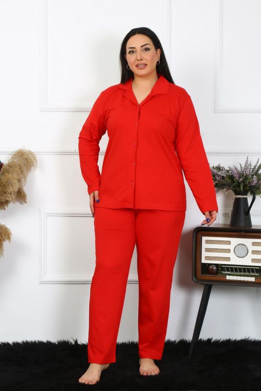 Moda Çizgi Kadın Büyük Beden Pamuklu Cepli Düğmeli Kırmızı Pijama Takım 202401 - 6