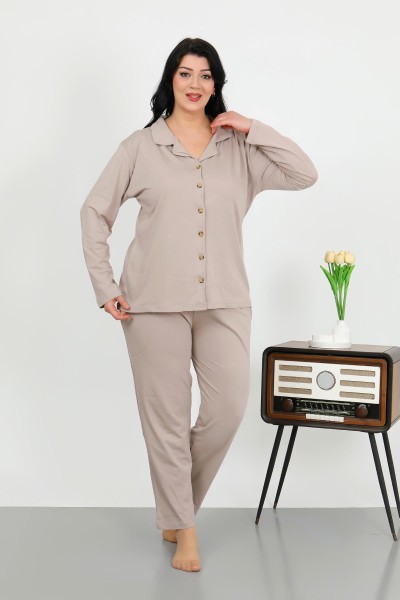 Moda Çizgi Kadın Büyük Beden Pamuklu Cepli Düğmeli Krem Pijama Takım 202506 - Thumbnail