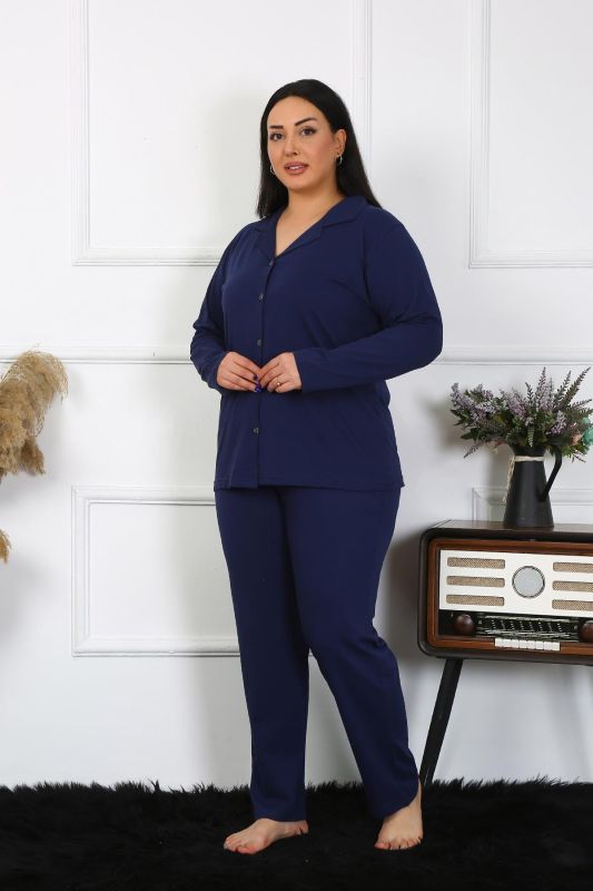 Moda Çizgi Kadın Büyük Beden Pamuklu Cepli Düğmeli Lacivert Pijama Takım 202401 - 1