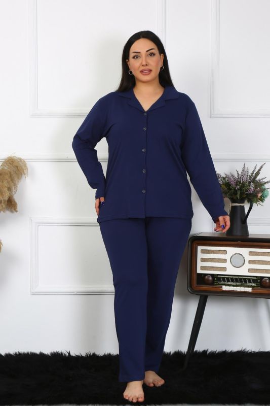 Moda Çizgi Kadın Büyük Beden Pamuklu Cepli Düğmeli Lacivert Pijama Takım 202401 - 2
