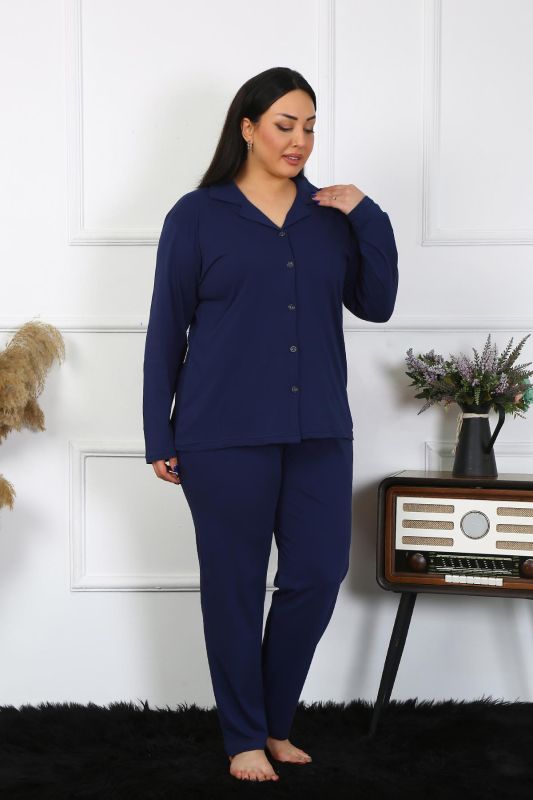 Moda Çizgi Kadın Büyük Beden Pamuklu Cepli Düğmeli Lacivert Pijama Takım 202401 - 3