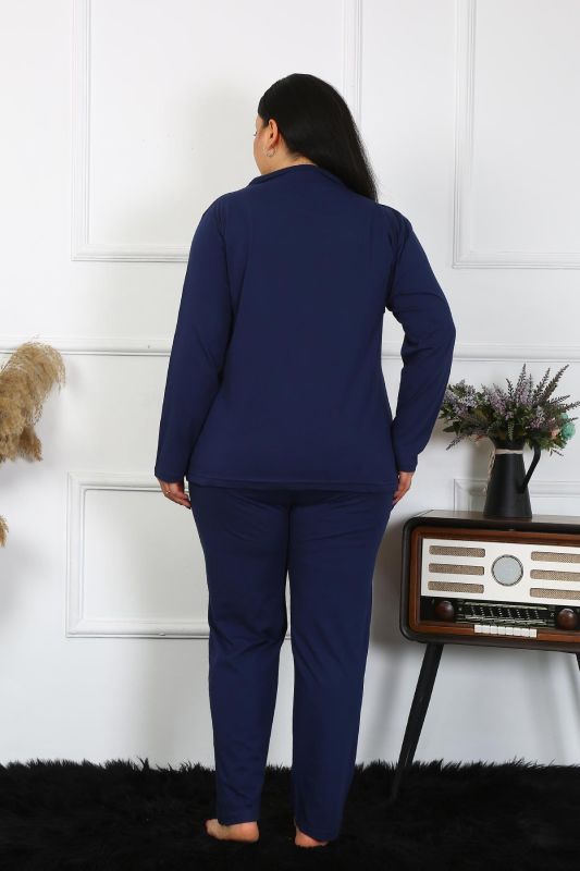 Moda Çizgi Kadın Büyük Beden Pamuklu Cepli Düğmeli Lacivert Pijama Takım 202401 - 4