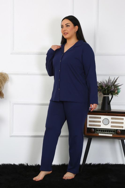 Moda Çizgi Kadın Büyük Beden Pamuklu Cepli Düğmeli Lacivert Pijama Takım 202401 - 5