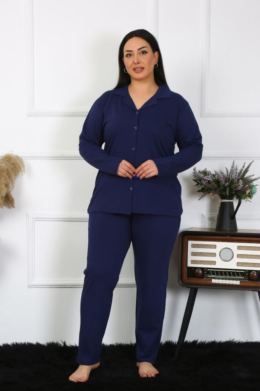 Moda Çizgi Kadın Büyük Beden Pamuklu Cepli Düğmeli Lacivert Pijama Takım 202401 - 6