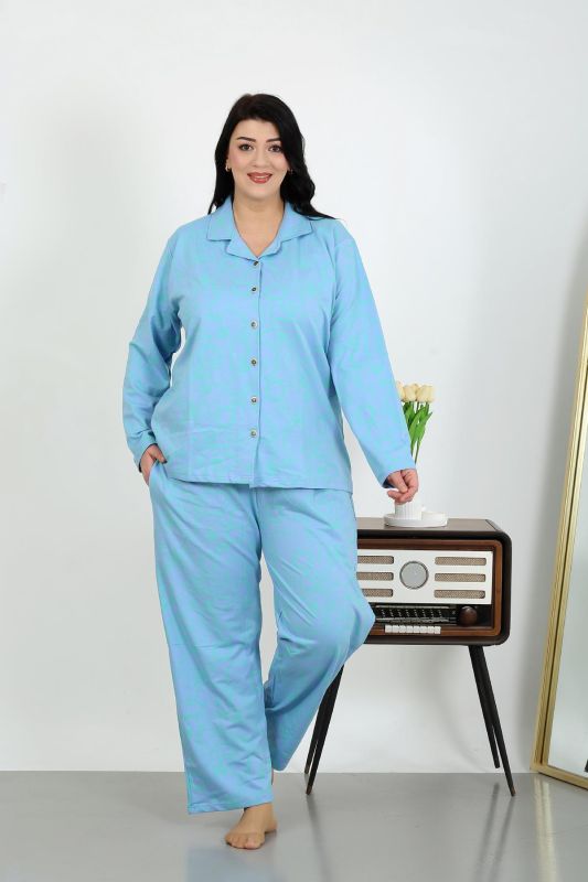 Moda Çizgi Kadın Büyük Beden Pamuklu Cepli Düğmeli Mavi Pijama Takım 202504 - 1