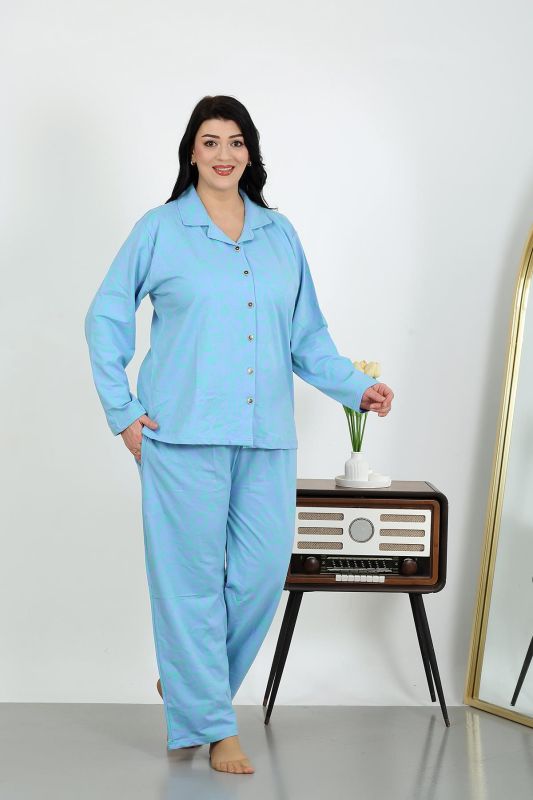 Moda Çizgi Kadın Büyük Beden Pamuklu Cepli Düğmeli Mavi Pijama Takım 202504 - 2