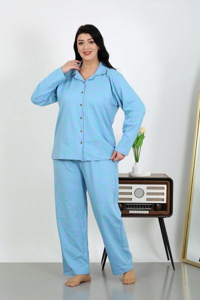 Moda Çizgi Kadın Büyük Beden Pamuklu Cepli Düğmeli Mavi Pijama Takım 202504 - Thumbnail