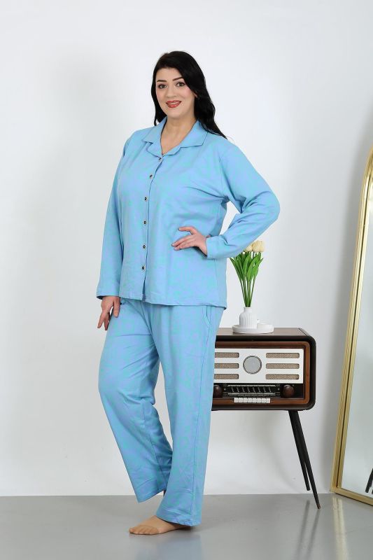 Moda Çizgi Kadın Büyük Beden Pamuklu Cepli Düğmeli Mavi Pijama Takım 202504 - 4
