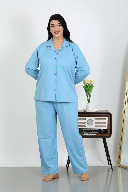 Moda Çizgi Kadın Büyük Beden Pamuklu Cepli Düğmeli Mavi Pijama Takım 202504 - 5