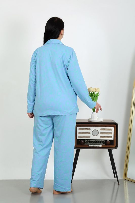 Moda Çizgi Kadın Büyük Beden Pamuklu Cepli Düğmeli Mavi Pijama Takım 202504 - 6