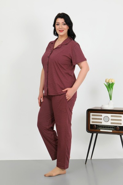 Moda Çizgi Kadın Büyük Beden Pamuklu Cepli Düğmeli Mor Pijama Takım 202507 - Thumbnail
