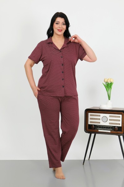 Moda Çizgi Kadın Büyük Beden Pamuklu Cepli Düğmeli Mor Pijama Takım 202507 - Thumbnail