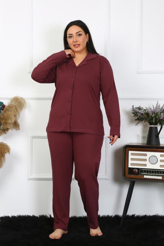 Moda Çizgi Kadın Büyük Beden Pamuklu Cepli Düğmeli Mürdüm Pijama Takım 202401 - 1