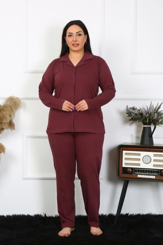 Moda Çizgi Kadın Büyük Beden Pamuklu Cepli Düğmeli Mürdüm Pijama Takım 202401 - 2