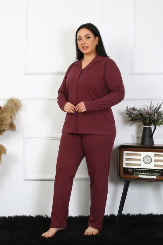 Moda Çizgi Kadın Büyük Beden Pamuklu Cepli Düğmeli Mürdüm Pijama Takım 202401 - 3