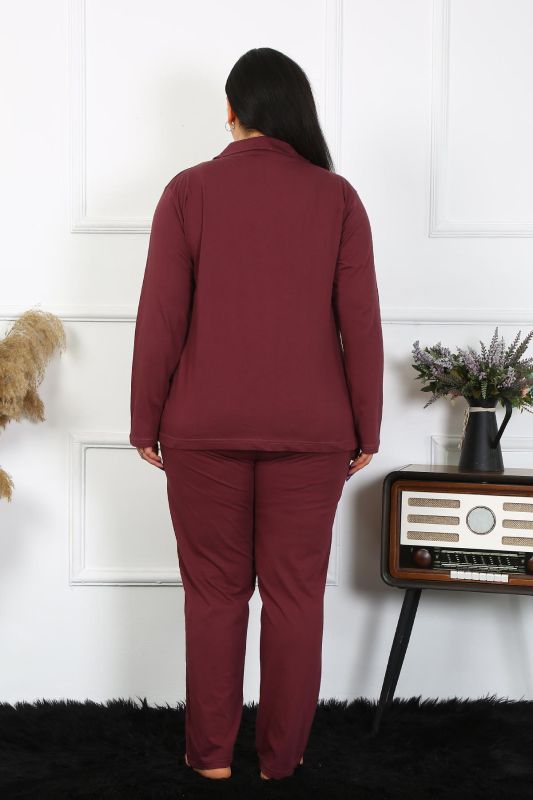 Moda Çizgi Kadın Büyük Beden Pamuklu Cepli Düğmeli Mürdüm Pijama Takım 202401 - 4