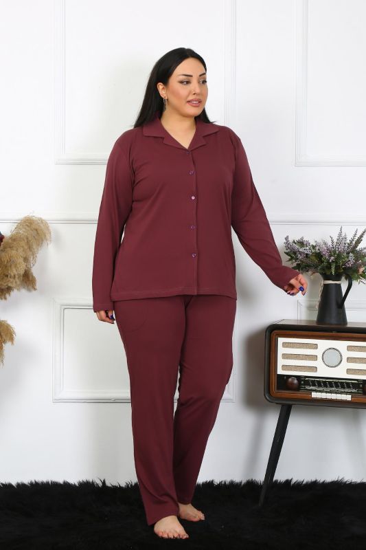 Moda Çizgi Kadın Büyük Beden Pamuklu Cepli Düğmeli Mürdüm Pijama Takım 202401 - 5