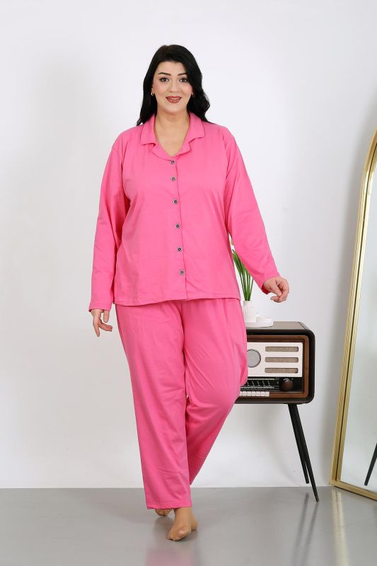 Moda Çizgi Kadın Büyük Beden Pamuklu Cepli Düğmeli Pembe Pijama Takım 202504 - 3