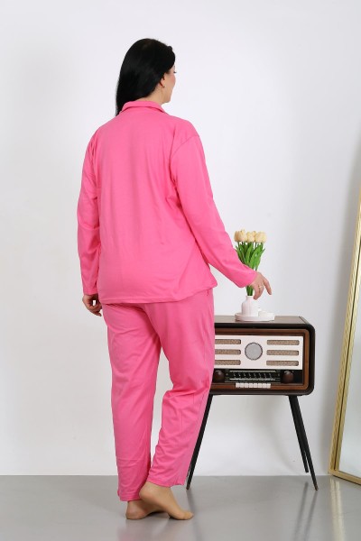 Moda Çizgi Kadın Büyük Beden Pamuklu Cepli Düğmeli Pembe Pijama Takım 202504 - Thumbnail