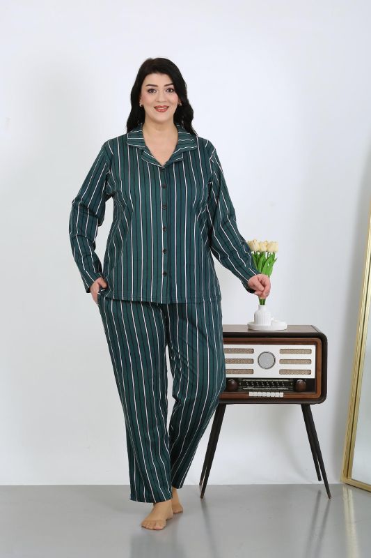 Moda Çizgi Kadın Büyük Beden Pamuklu Cepli Düğmeli Petrol Pijama Takım 202504 - 1