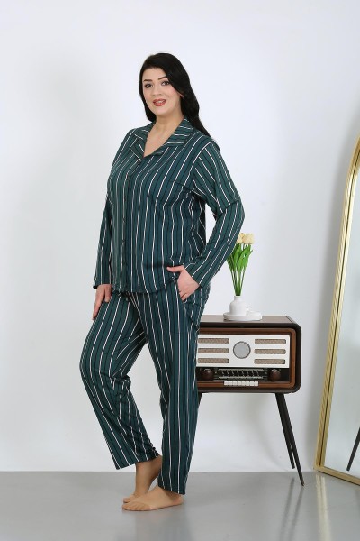 Moda Çizgi Kadın Büyük Beden Pamuklu Cepli Düğmeli Petrol Pijama Takım 202504 - Thumbnail
