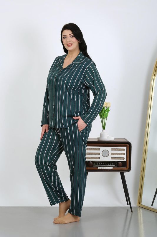 Moda Çizgi Kadın Büyük Beden Pamuklu Cepli Düğmeli Petrol Pijama Takım 202504 - 2
