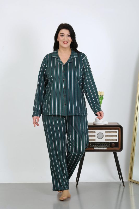 Moda Çizgi Kadın Büyük Beden Pamuklu Cepli Düğmeli Petrol Pijama Takım 202504 - 3
