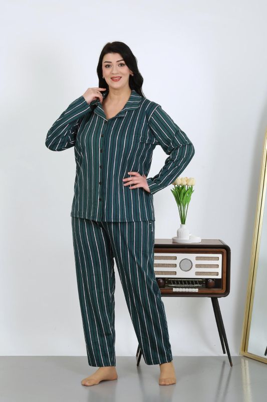Moda Çizgi Kadın Büyük Beden Pamuklu Cepli Düğmeli Petrol Pijama Takım 202504 - 4