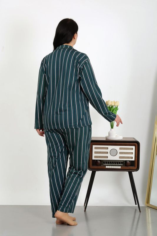 Moda Çizgi Kadın Büyük Beden Pamuklu Cepli Düğmeli Petrol Pijama Takım 202504 - 5