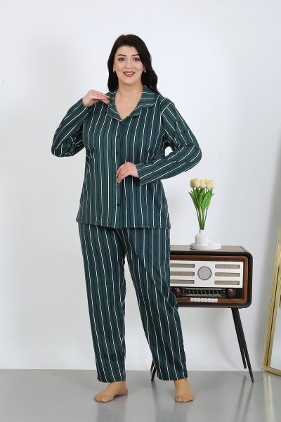 Moda Çizgi Kadın Büyük Beden Pamuklu Cepli Düğmeli Petrol Pijama Takım 202504 - Thumbnail