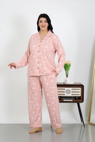  - Moda Çizgi Kadın Büyük Beden Pamuklu Cepli Düğmeli Pudra Pijama Takım 202504