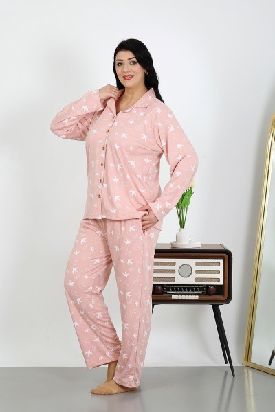 Moda Çizgi Kadın Büyük Beden Pamuklu Cepli Düğmeli Pudra Pijama Takım 202504 - Thumbnail