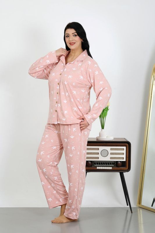 Moda Çizgi Kadın Büyük Beden Pamuklu Cepli Düğmeli Pudra Pijama Takım 202504 - 2
