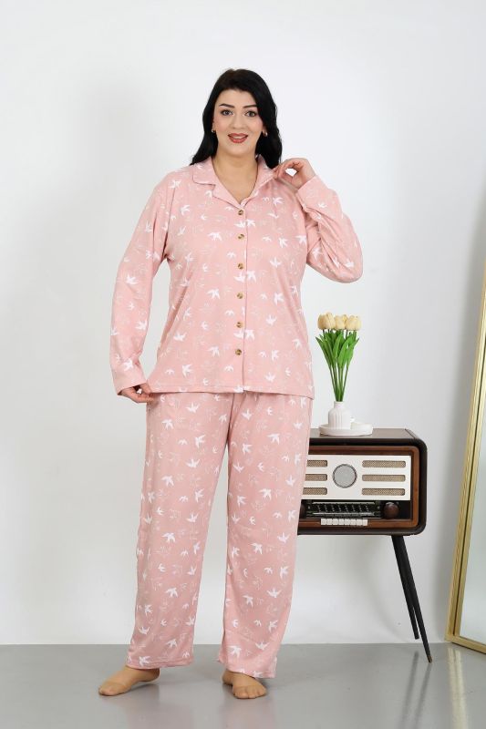 Moda Çizgi Kadın Büyük Beden Pamuklu Cepli Düğmeli Pudra Pijama Takım 202504 - 3