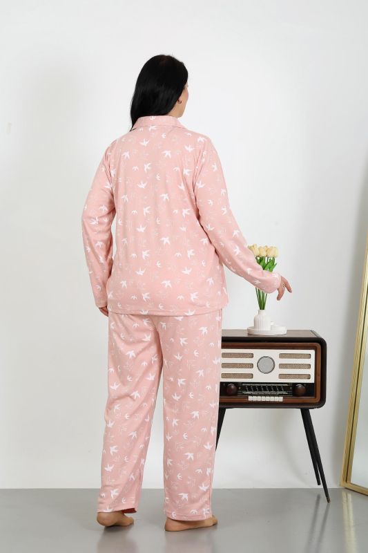 Moda Çizgi Kadın Büyük Beden Pamuklu Cepli Düğmeli Pudra Pijama Takım 202504 - 4