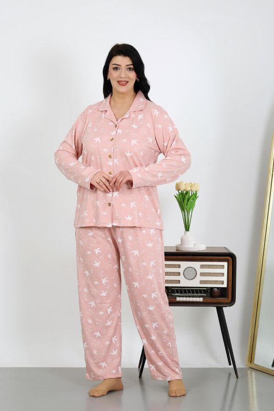 Moda Çizgi Kadın Büyük Beden Pamuklu Cepli Düğmeli Pudra Pijama Takım 202504 - 5