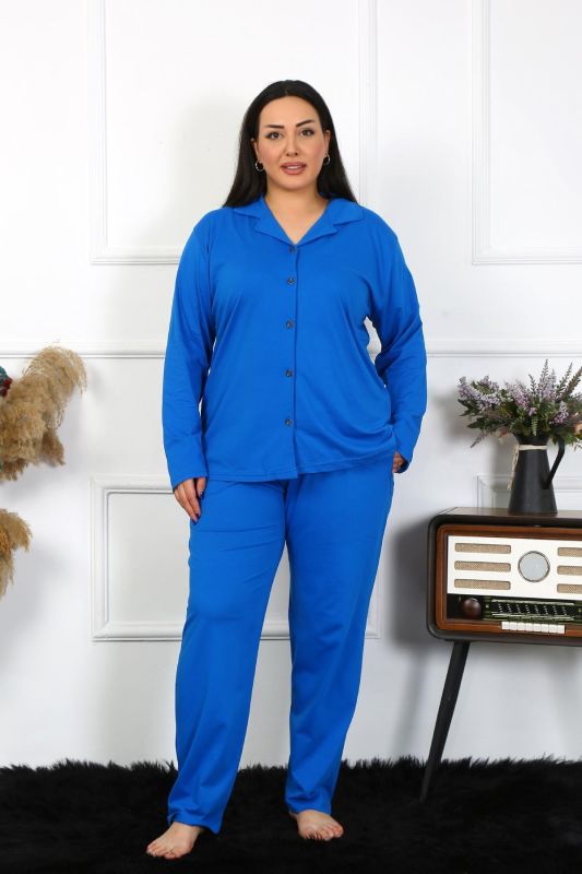 Moda Çizgi Kadın Büyük Beden Pamuklu Cepli Düğmeli Saks Pijama Takım 202401 - 1