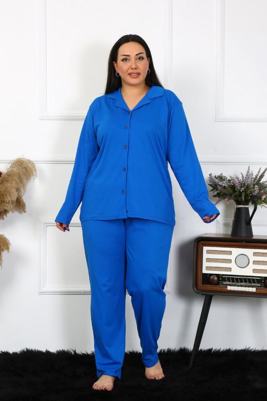 Moda Çizgi Kadın Büyük Beden Pamuklu Cepli Düğmeli Saks Pijama Takım 202401 - 2